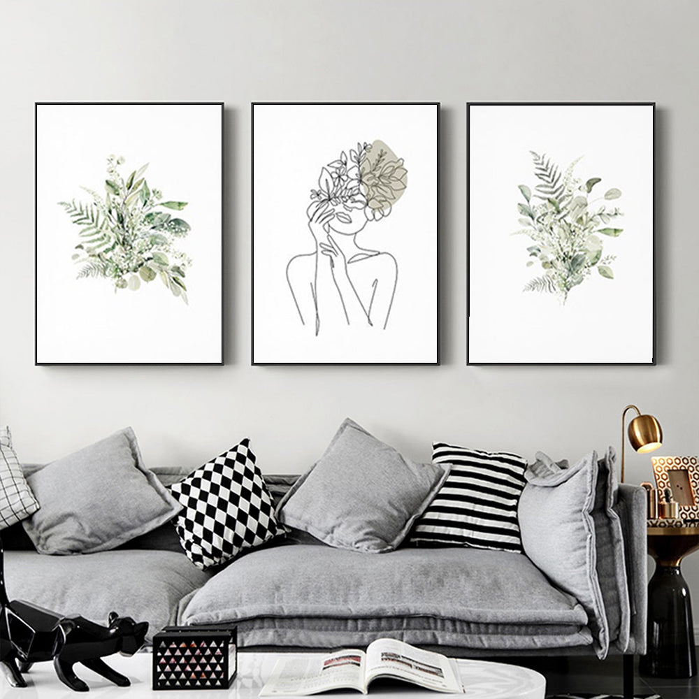 40cmx60cm Botanical Line Girl 3 Sets Black Frame Canvas Wall Art
