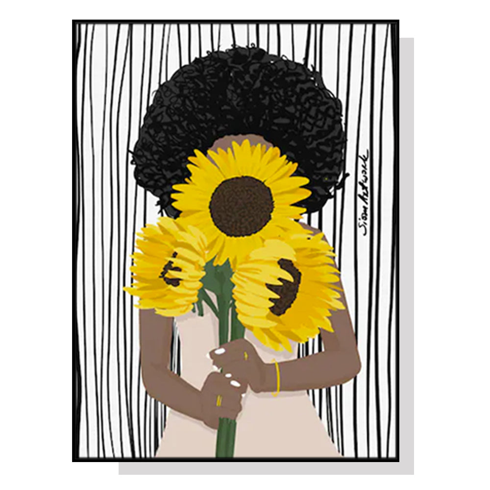 60cmx90cm African Woman Sunflower Black Frame Canvas Wall Art