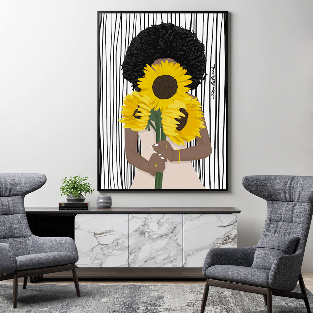 80cmx120cm African Woman Sunflower Black Frame Canvas Wall Art