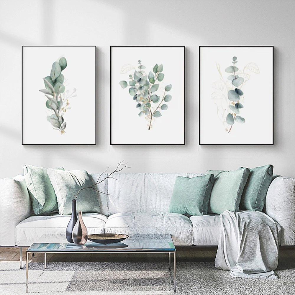 Wall Art 70cmx100cm Eucalyptus Plant 3 Sets Black Frame Canvas