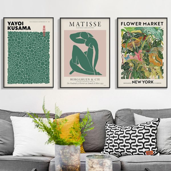 60cmx90cm Flower Market, Matisse Print, Yayoi Kusama 3 Sets Black Frame Canvas Wall Art