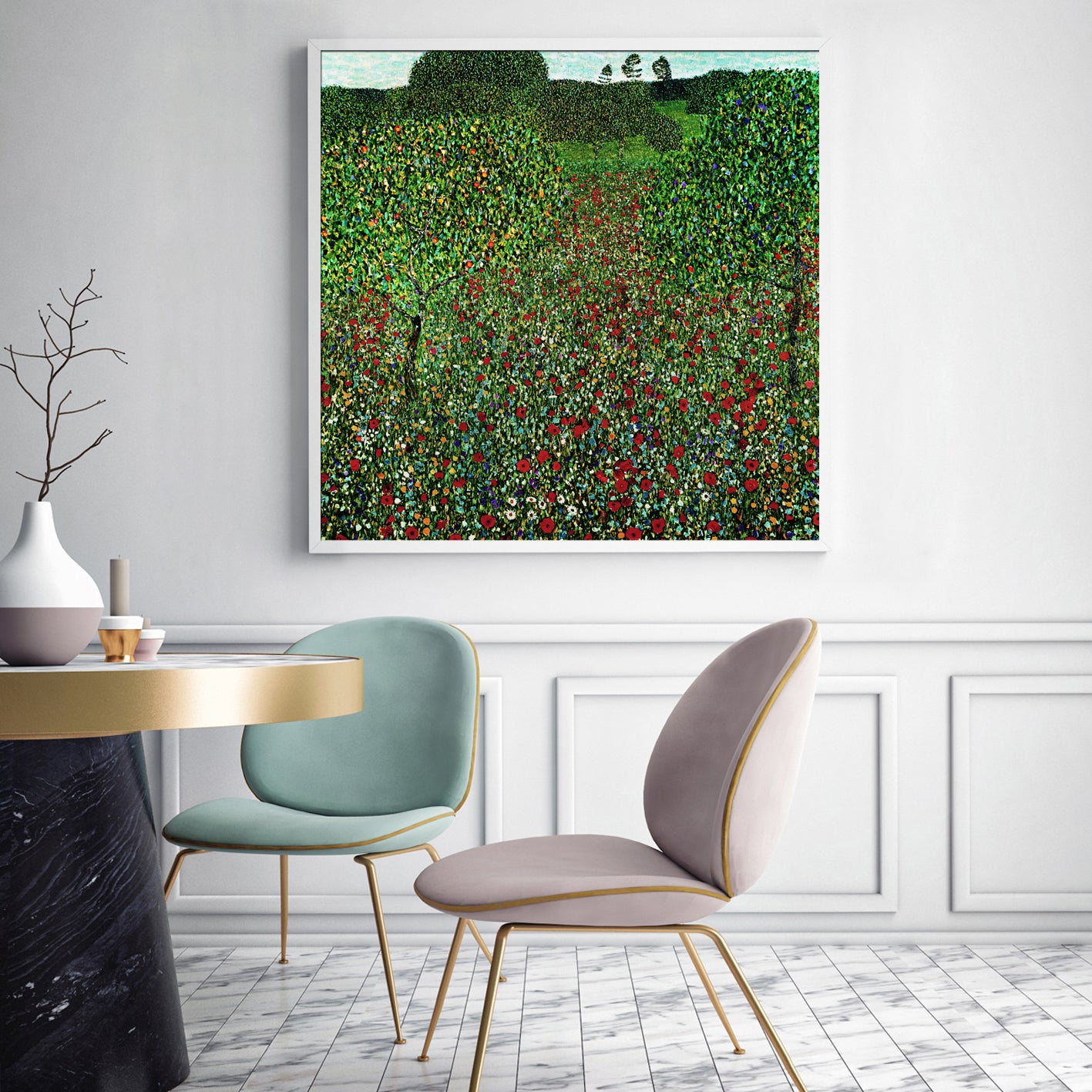 60cmx60cm Field of Poppies by Gustav Klimt White Frame Canvas Wall Art