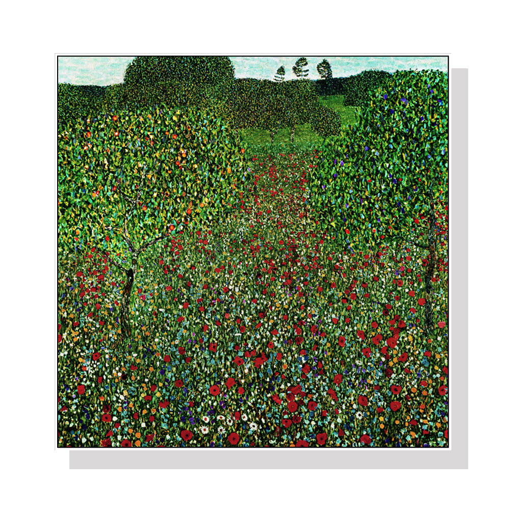 80cmx80cm Field of Poppies by Gustav Klimt White Frame Canvas Wall Art