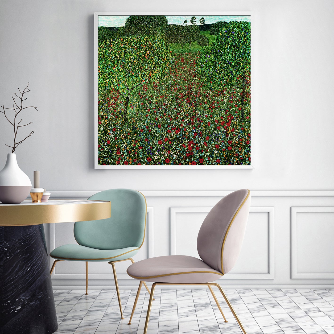 80cmx80cm Field of Poppies by Gustav Klimt White Frame Canvas Wall Art