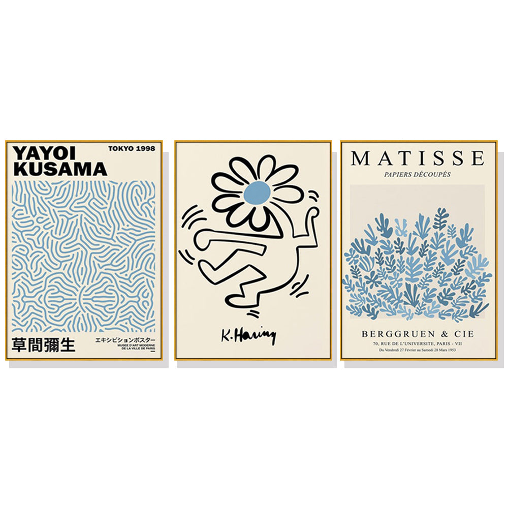 60cmx90cm Blue Matisse,Yayoi Kusama, Keith Haring Mix Art 3 Sets Gold Frame Canvas Wall Art