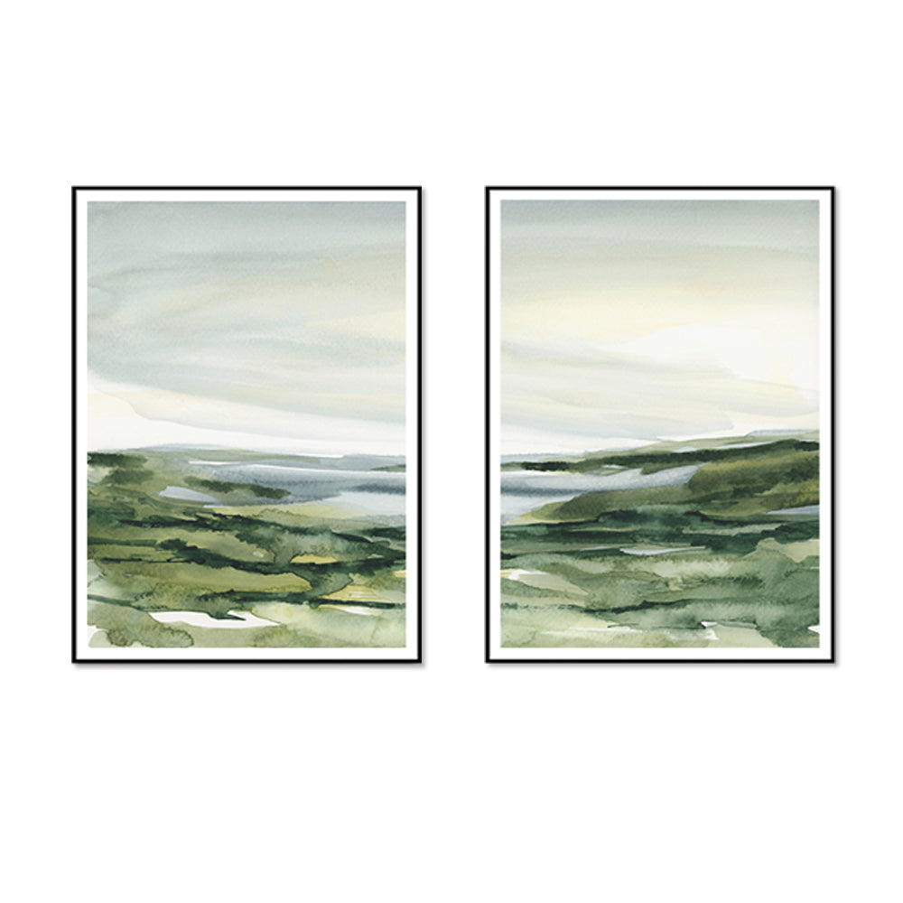 70cmx100cm Watercolor landscape 2 Sets Black Frame Canvas Wall Art