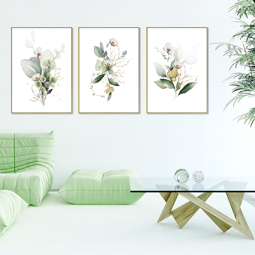 40cmx60cm Green and Gold Watercolor Botanical 3 Sets Gold Frame Canvas Wall Art