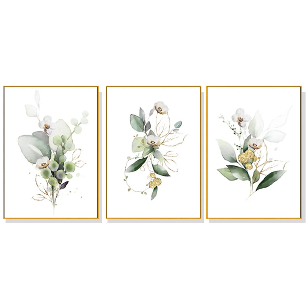 60cmx90cm Green and Gold Watercolor Botanical 3 Sets Gold Frame Canvas Wall Art