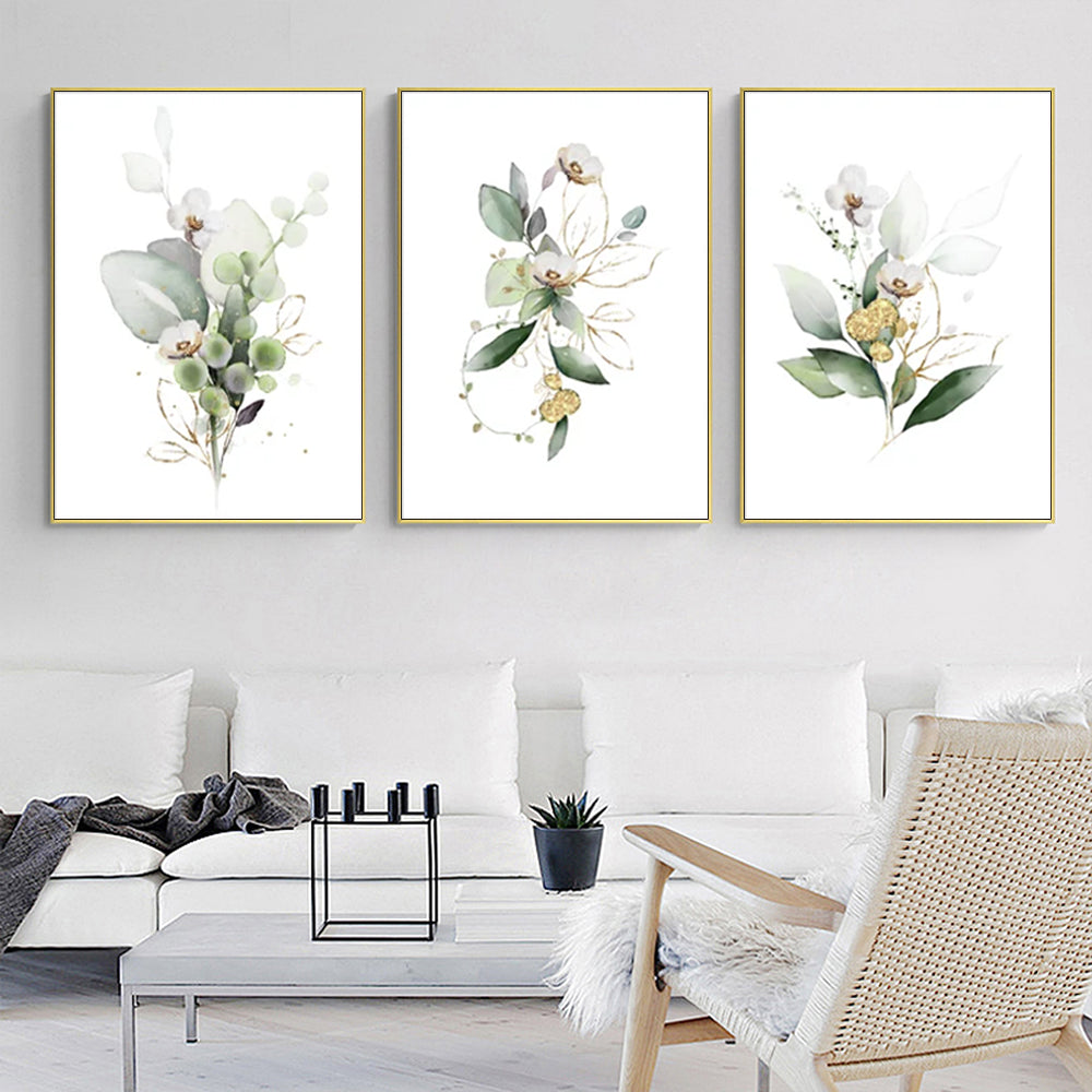 60cmx90cm Green and Gold Watercolor Botanical 3 Sets Gold Frame Canvas Wall Art