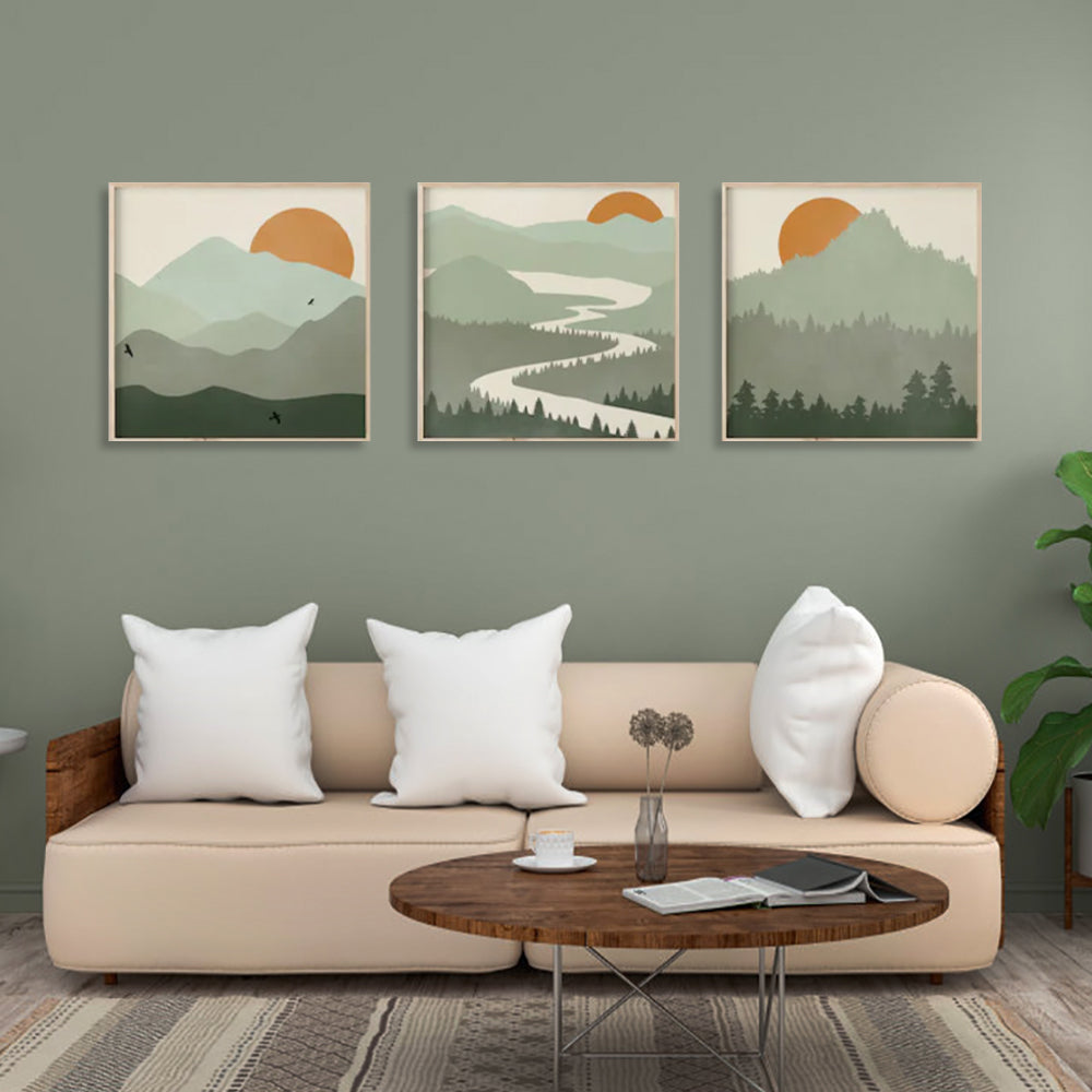 60cmx60cm Sage Green Landscapes 3 Sets Wood Frame Canvas Wall Art