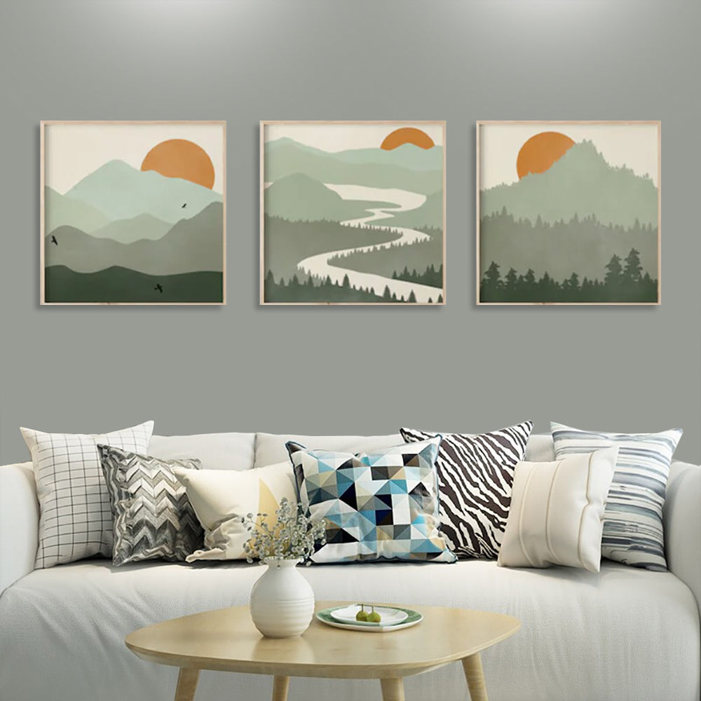 70cmx70cm Sage Green Landscapes 3 Sets Wood Frame Canvas Wall Art