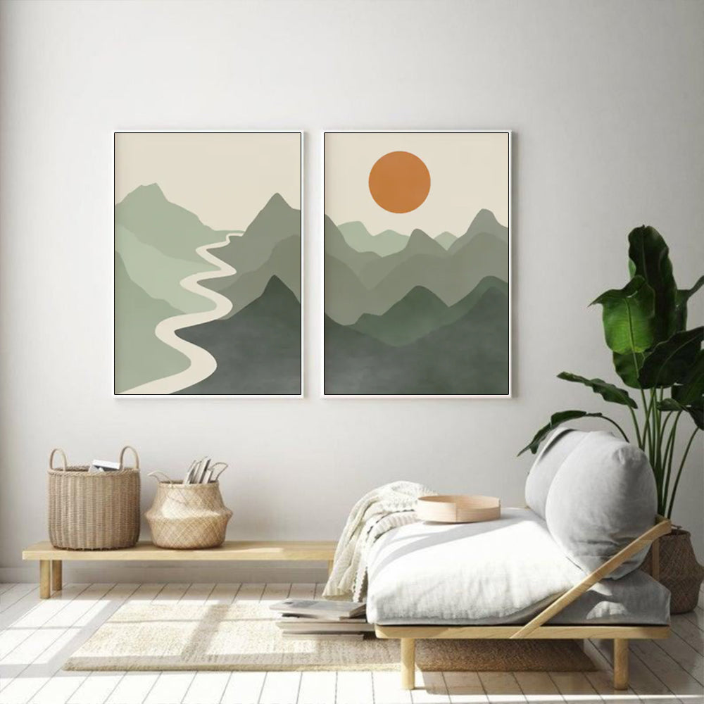 70cmx100cm Sage Green River Mountain 2 Sets White Frame Canvas Wall Art