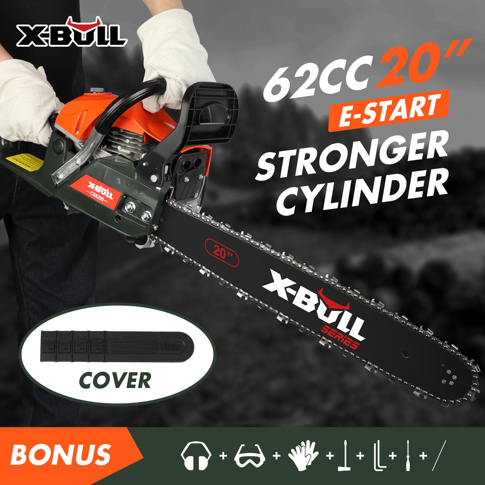 X-BULL Petrol Chainsaws Commercial  20" Bar  62cc E-Start Tree Pruning Top Handle