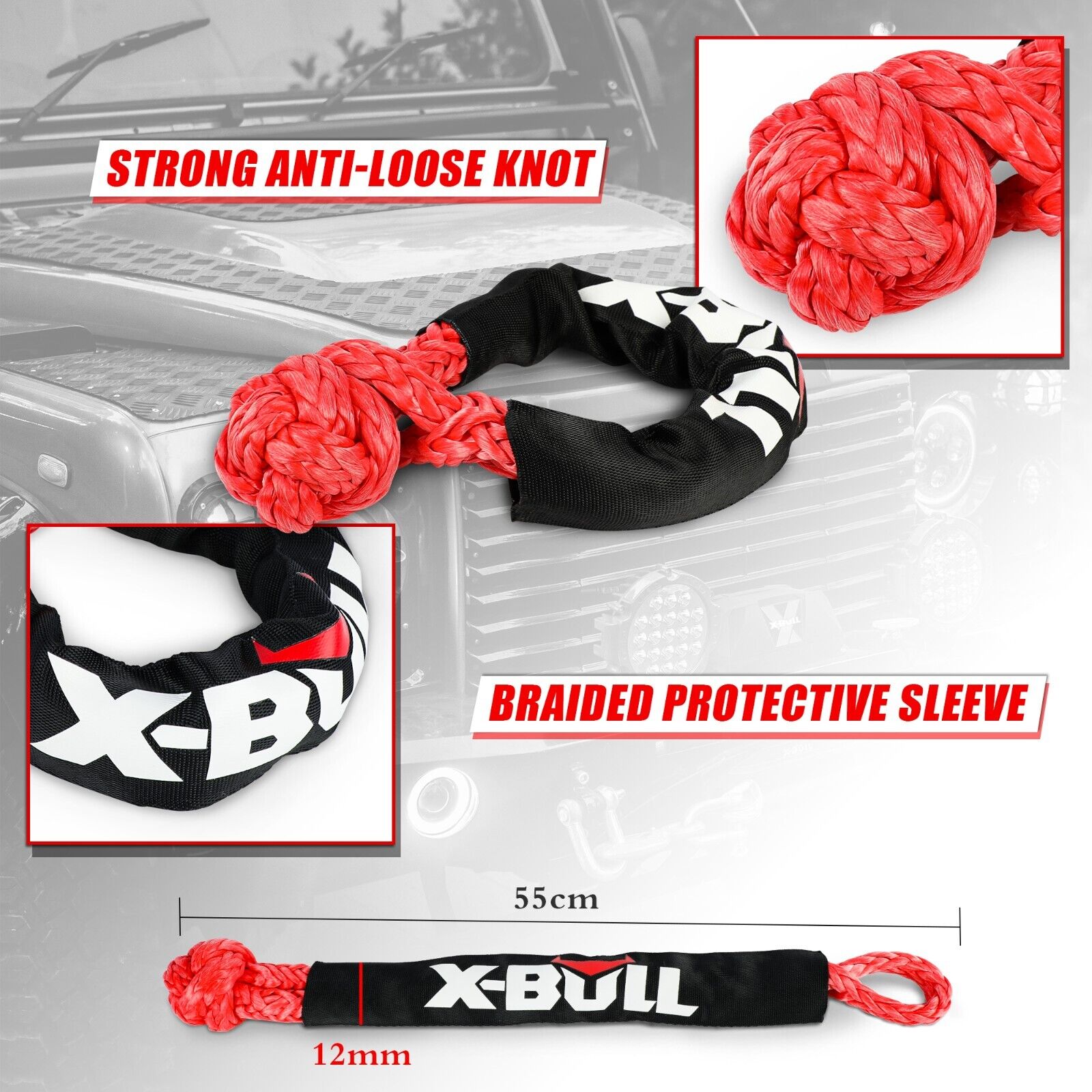 X-BULL Kinetic Rope 25mm x 9m Snatch Strap Recovery Kit Dyneema Tow Winch