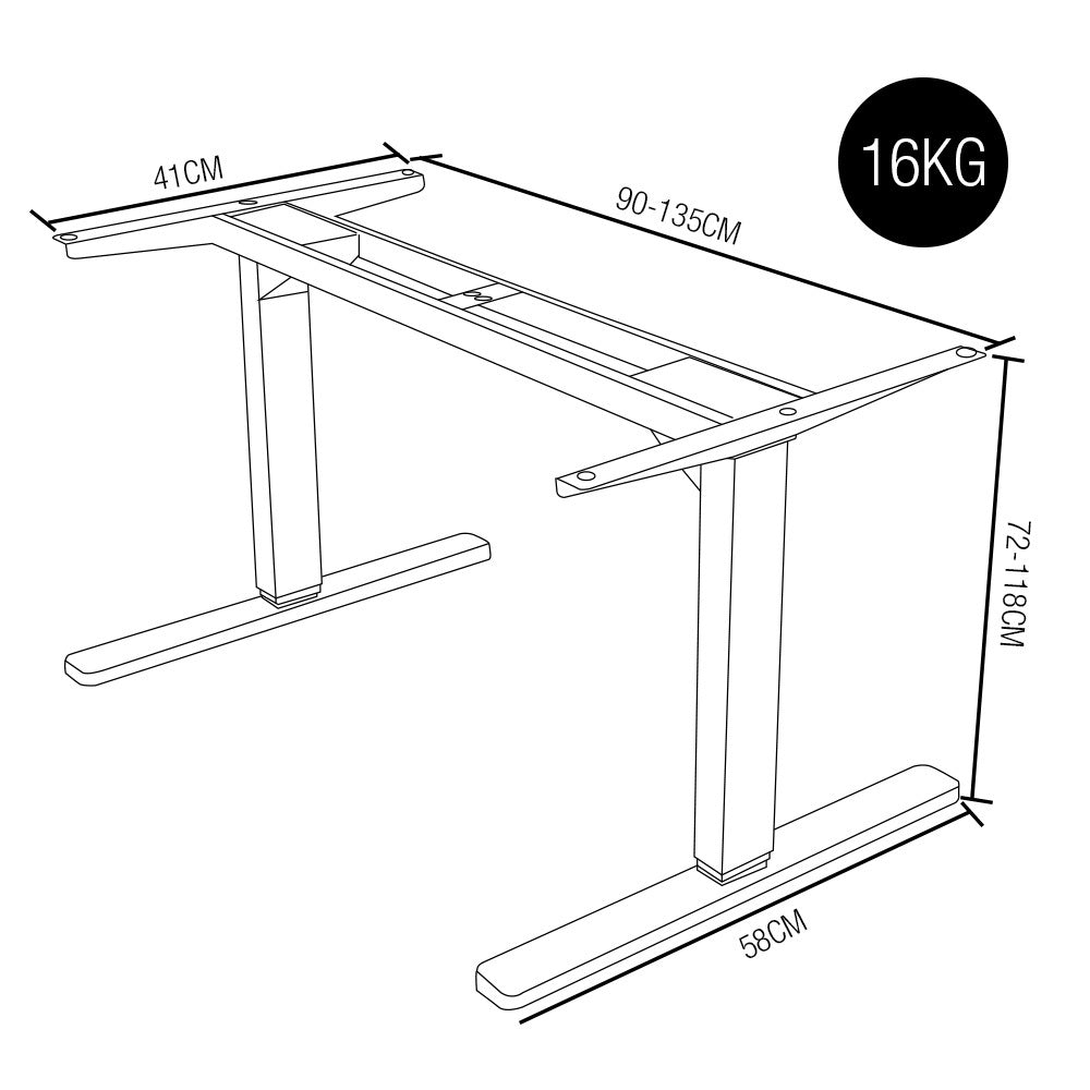 FORTIA Sit/Stand Desk Frame, 58 x 90-135cm, 72-118cm Height Adjustable, 70kg Load, Black