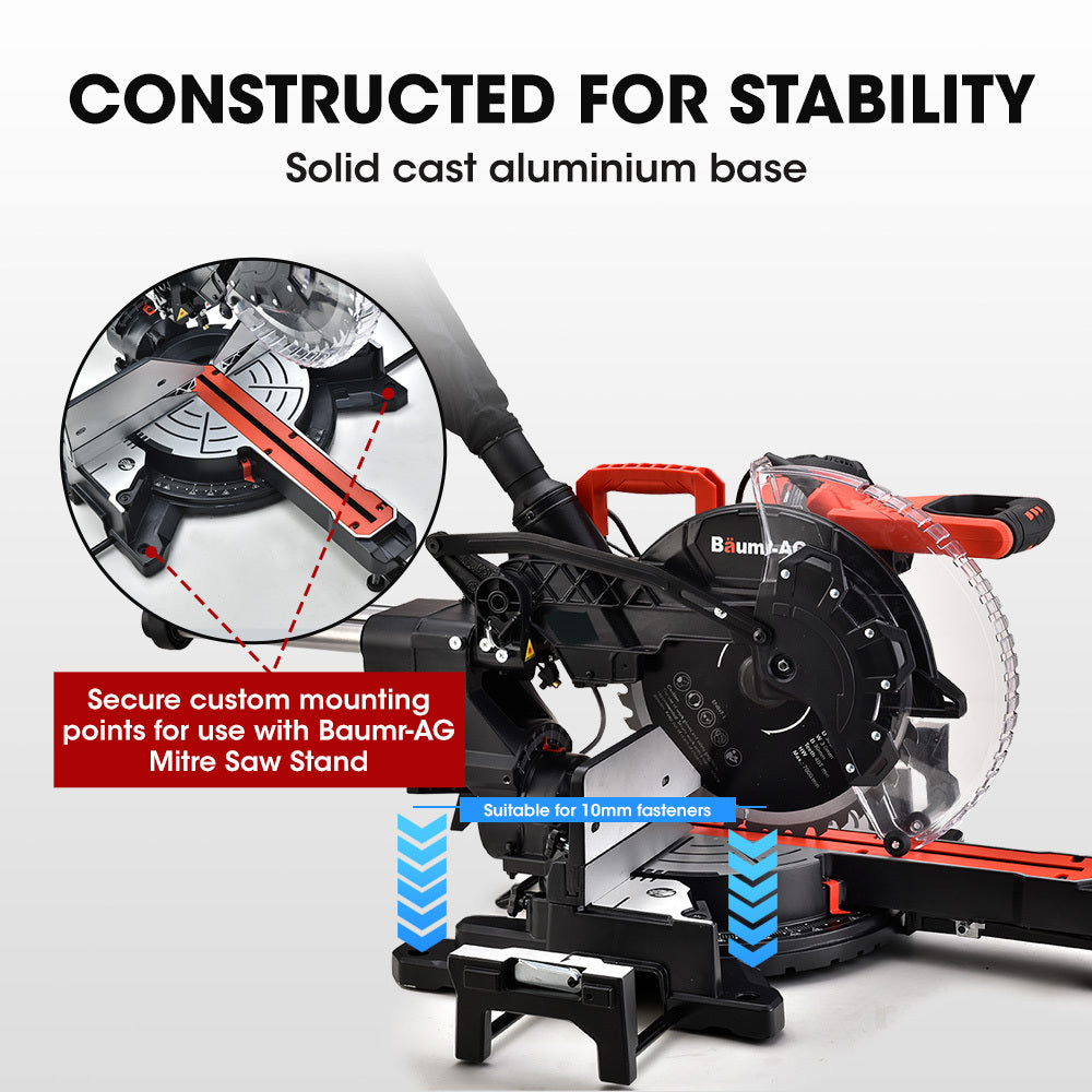 BAUMR-AG 305mm Dual Bevel Sliding Compound Mitre Drop Saw and Adjustable Stand Combo