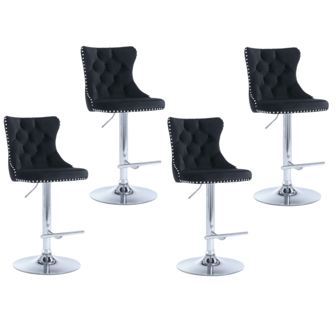 4x Height Adjustable Swivel Bar Stool Velvet Studs Barstool with Footrest and Chromed Base- Black