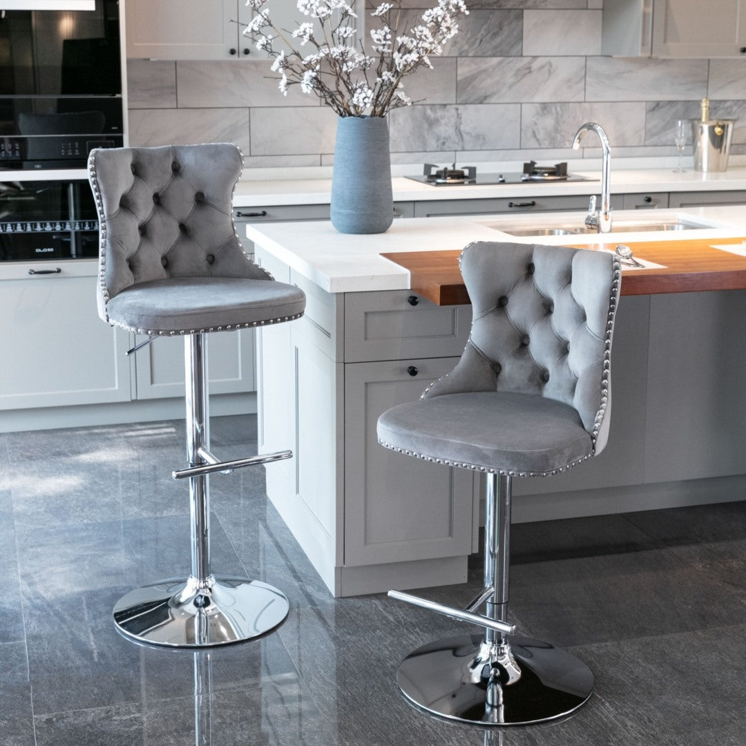 2x Height Adjustable Swivel Bar Stool Velvet Stud Barstool with Footrest and Chromed Base- Gray