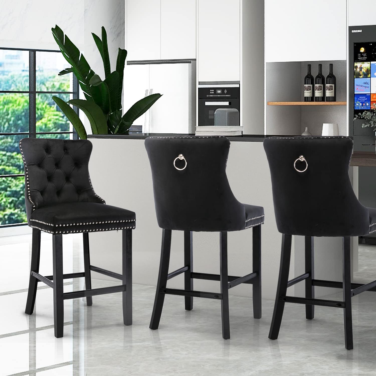 6X Velvet Bar Stools with Studs Trim Wooden Legs Tufted Dining Chairs Kitchen