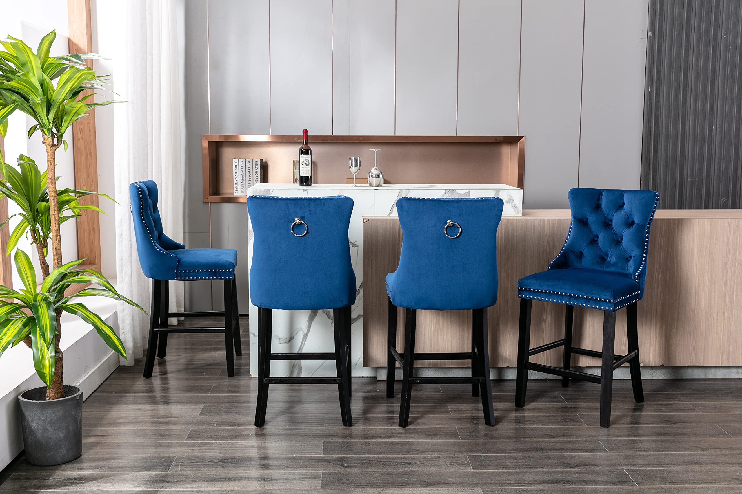 6X Velvet Bar Stools with Studs Trim Wooden Legs Tufted Dining Chairs Kitchen