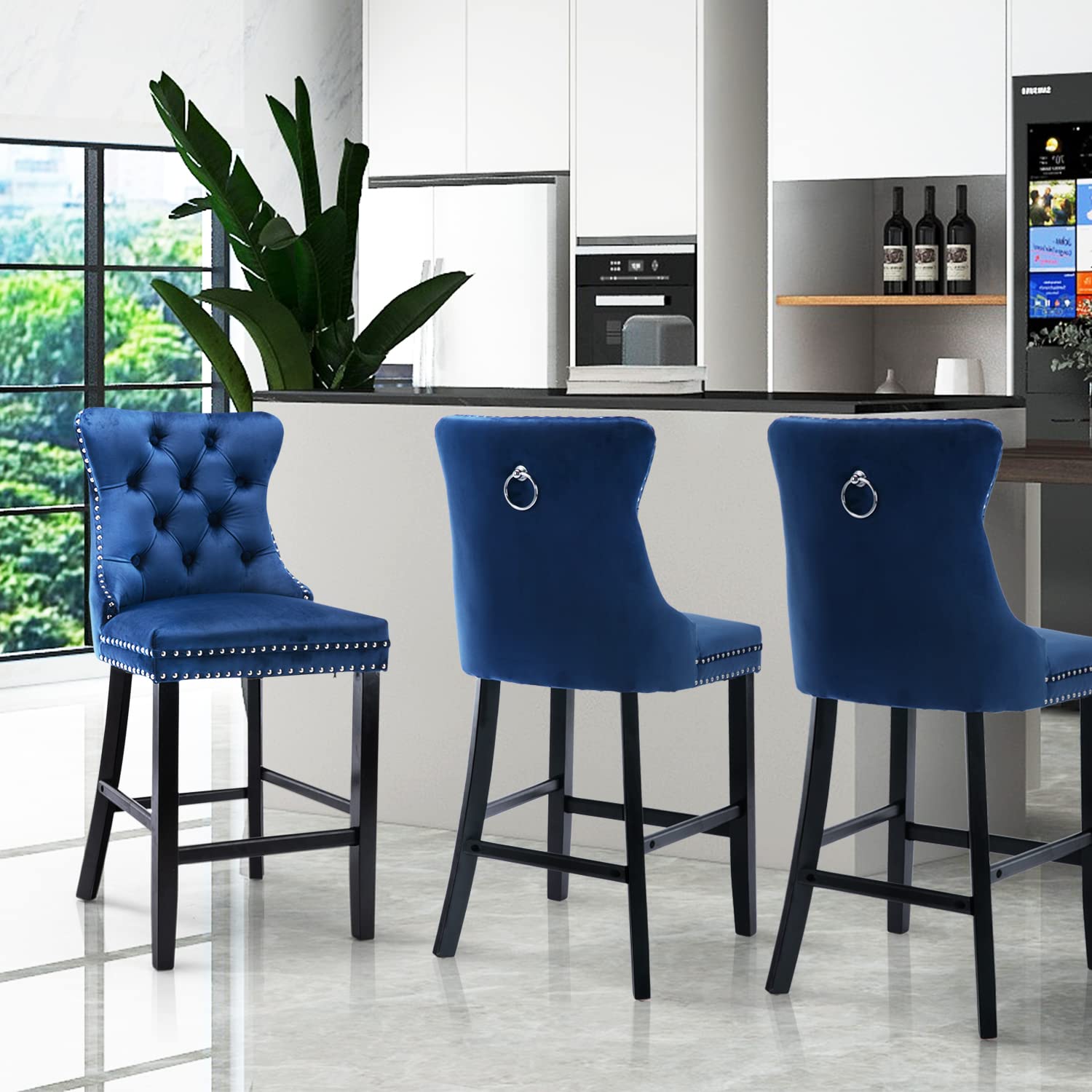 6X Velvet Bar Stools with Studs Trim Wooden Legs Tufted Dining Chairs Kitchen