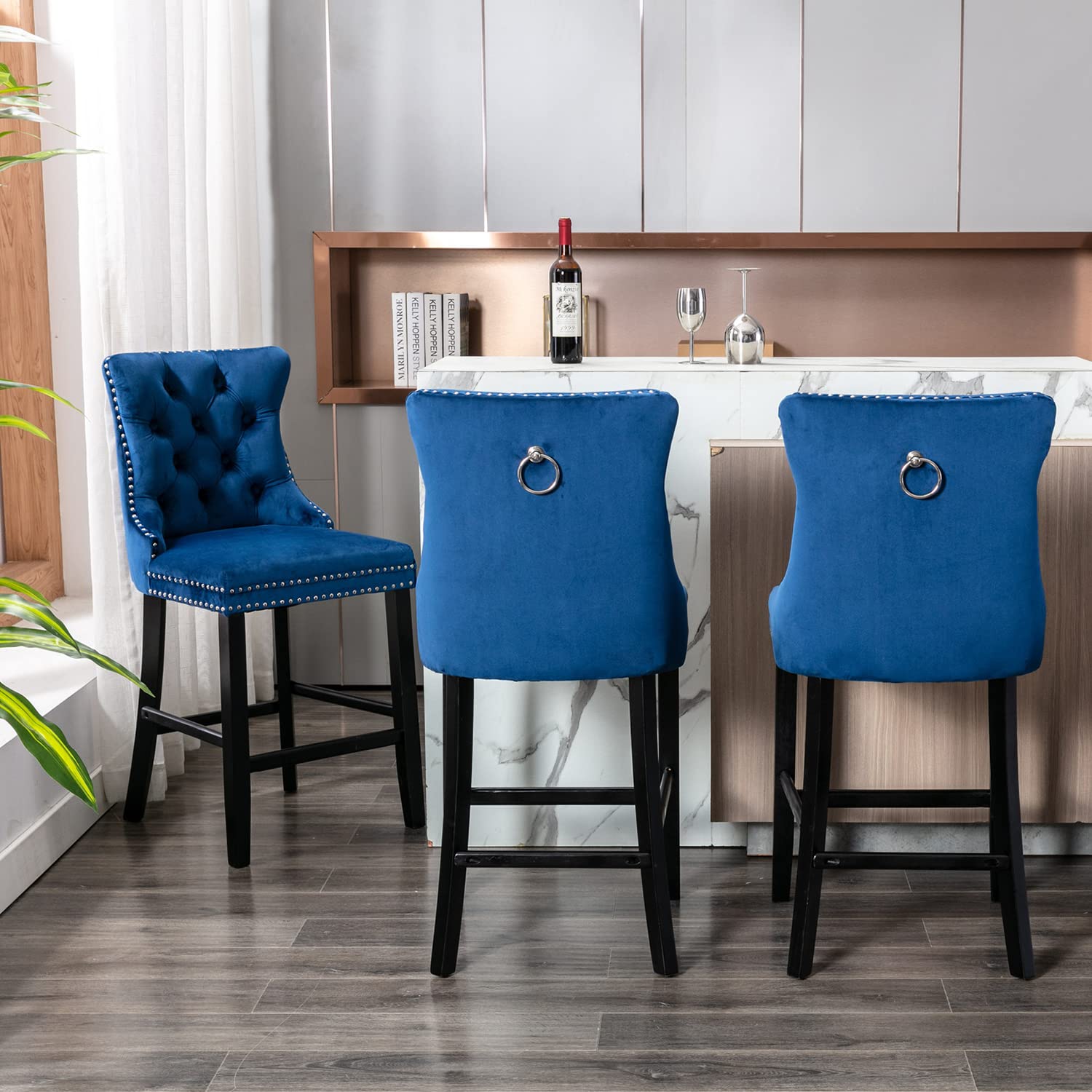 6X Velvet Bar Stools with Studs Trim Wooden Legs Tufted Dining Chairs Kitchen