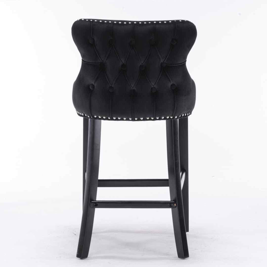 4x Velvet Upholstered Button Tufted Bar Stools with Wood Legs and Studs-Black