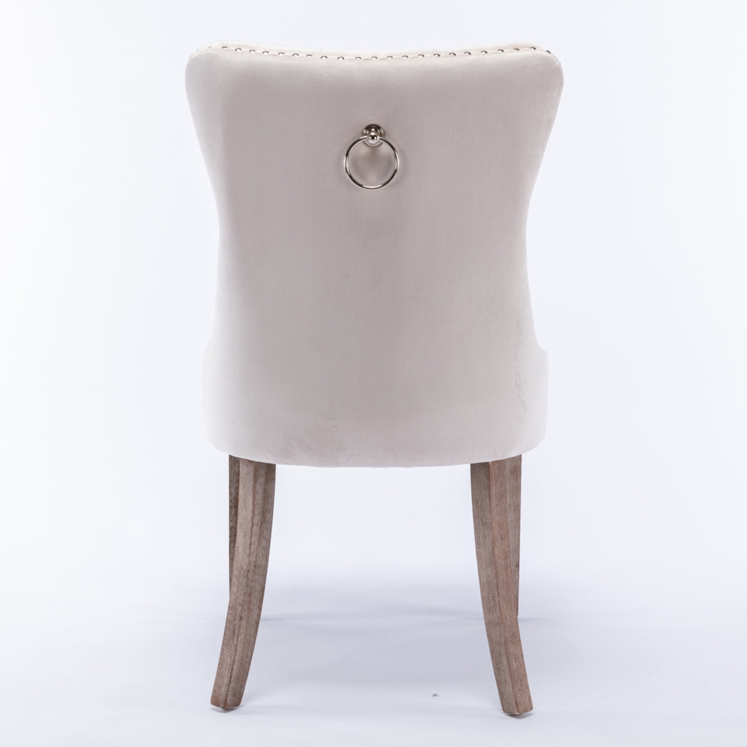 4x Velvet Dining Chairs Upholstered Tufted Kithcen Chair with Solid Wood Legs Stud Trim and Ring-Beige