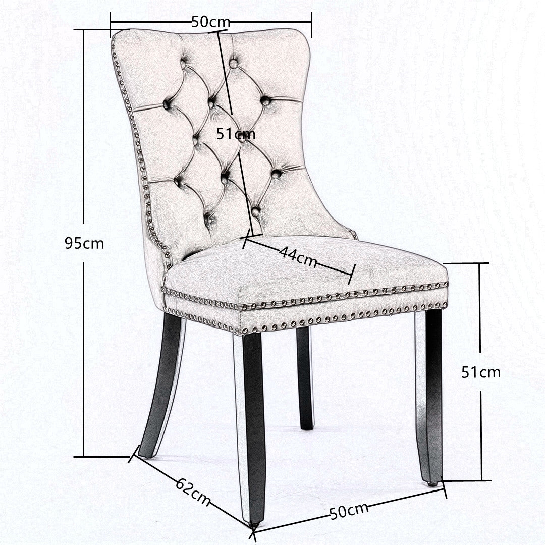 4x Velvet Dining Chairs Upholstered Tufted Kithcen Chair with Solid Wood Legs Stud Trim and Ring-Beige