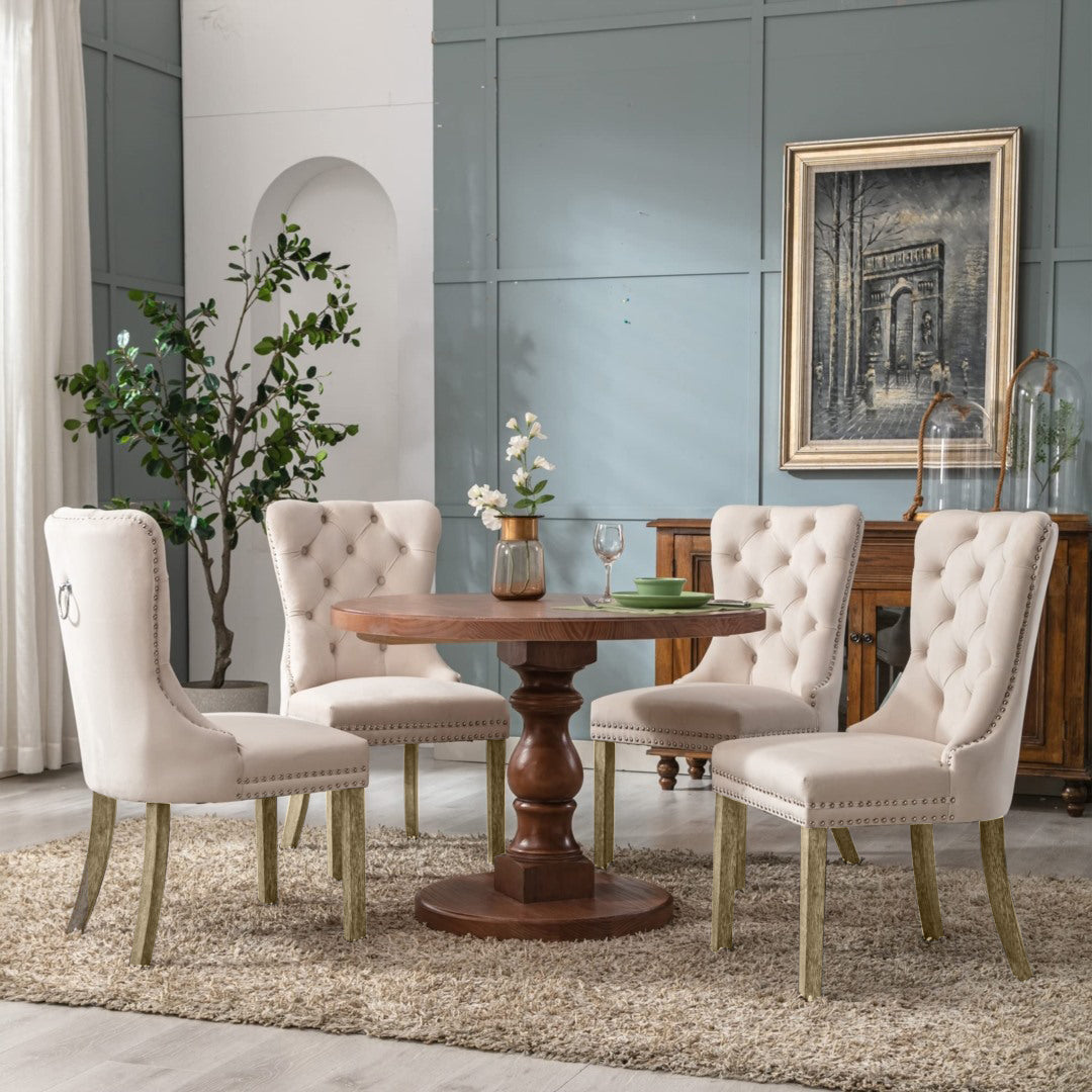 4x Velvet Dining Chairs Upholstered Tufted Kithcen Chair with Solid Wood Legs Stud Trim and Ring-Beige