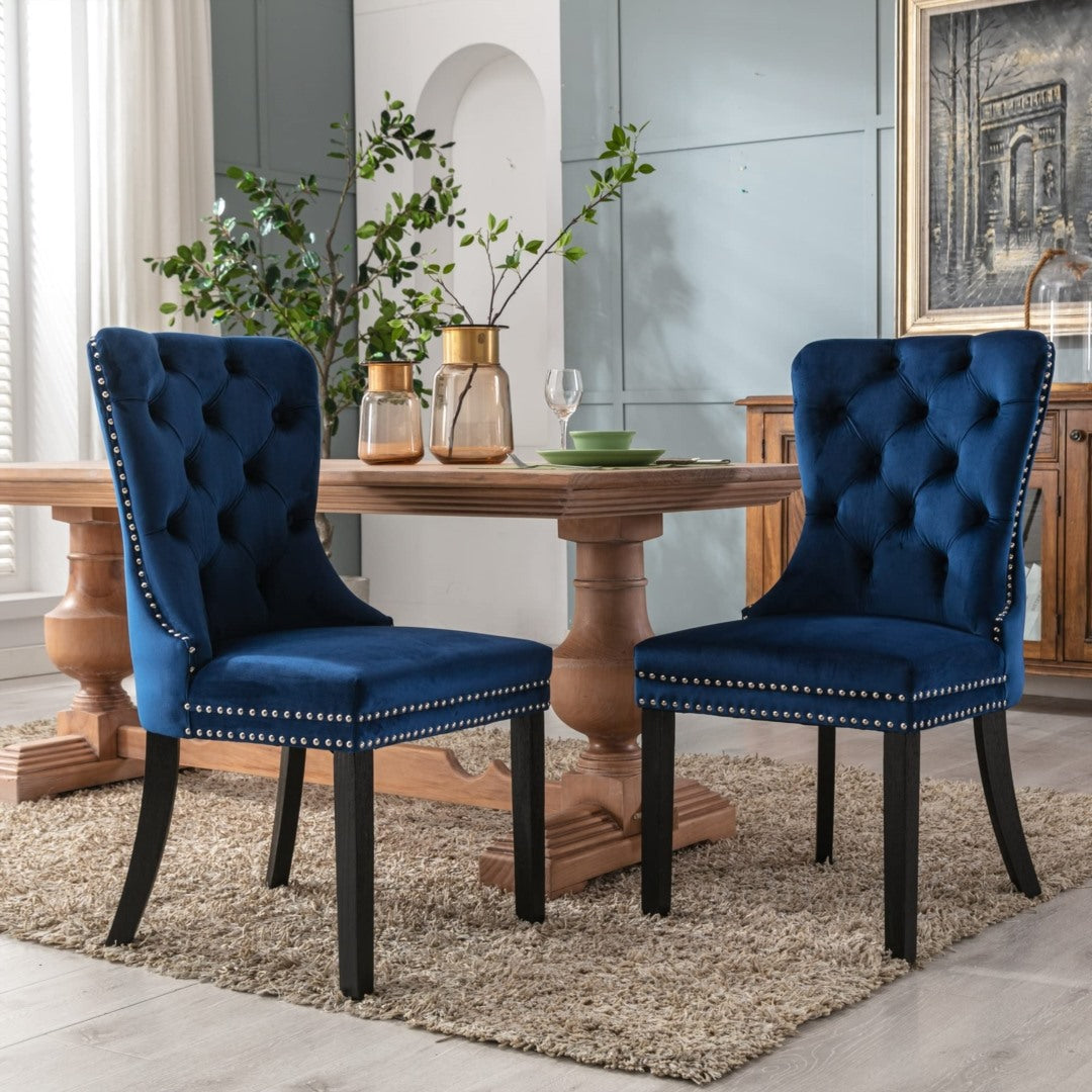 4x Velvet Dining Chairs Upholstered Tufted Kithcen Chair with Solid Wood Legs Stud Trim and Ring-Blue