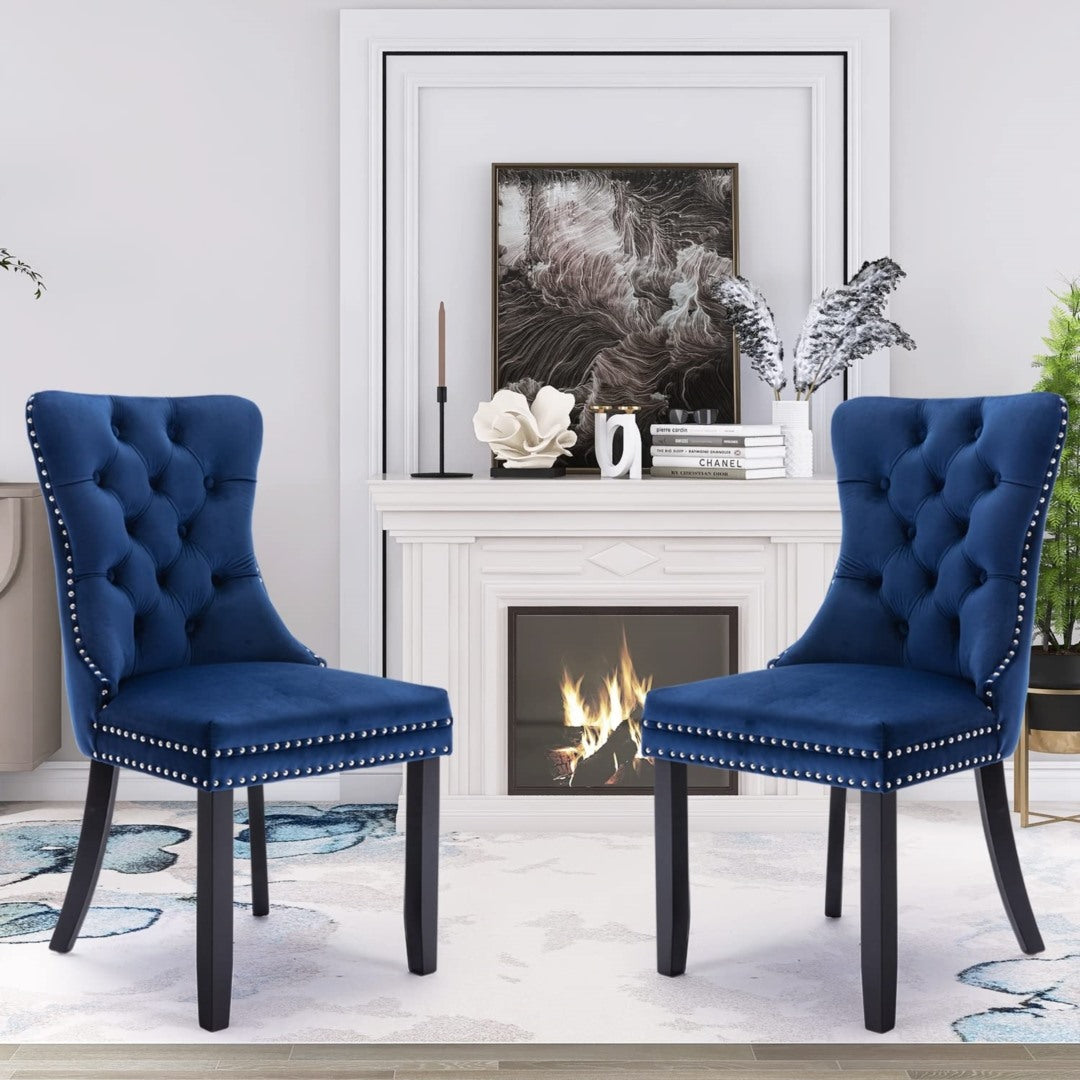 4x Velvet Dining Chairs Upholstered Tufted Kithcen Chair with Solid Wood Legs Stud Trim and Ring-Blue