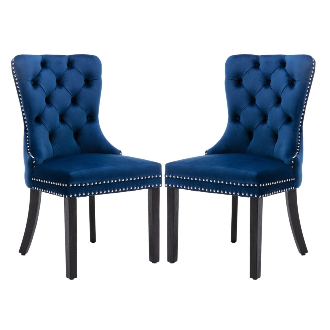 8x Velvet Dining Chairs Upholstered Tufted Kithcen Chair with Solid Wood Legs Stud Trim and Ring-Blue