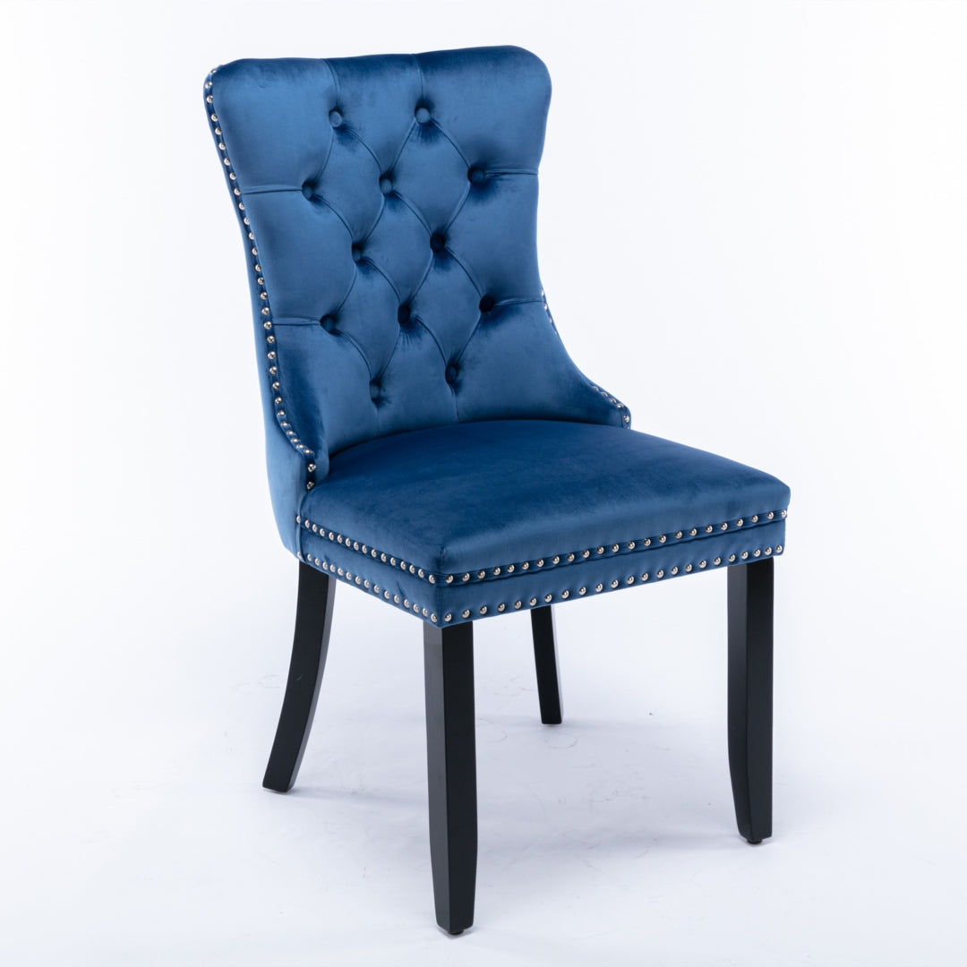 4x Velvet Dining Chairs Upholstered Tufted Kithcen Chair with Solid Wood Legs Stud Trim and Ring-Blue