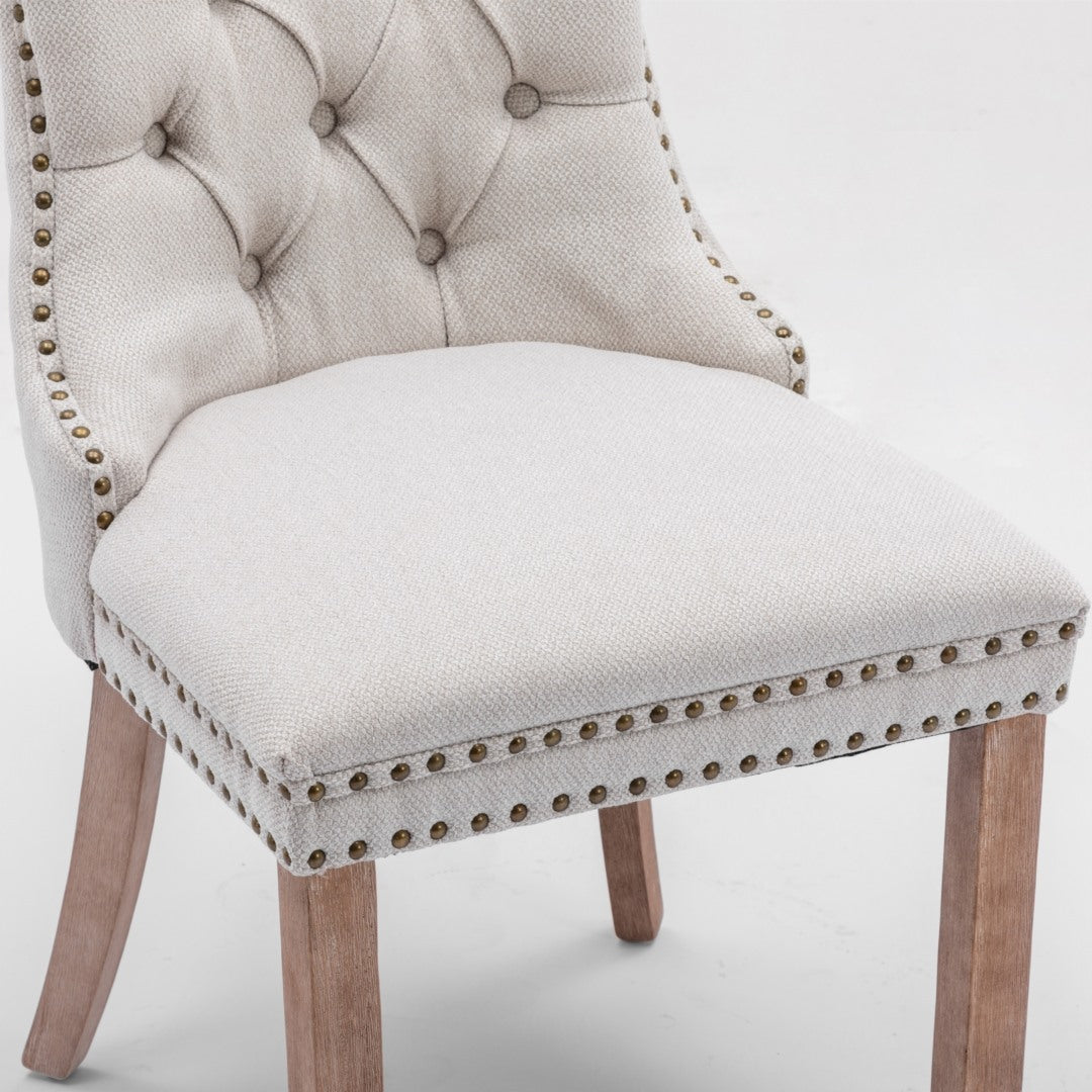 4x AADEN Modern Elegant Button-Tufted Upholstered Fabric with Studs Trim and Wooden legs Dining Side Chair-Beige