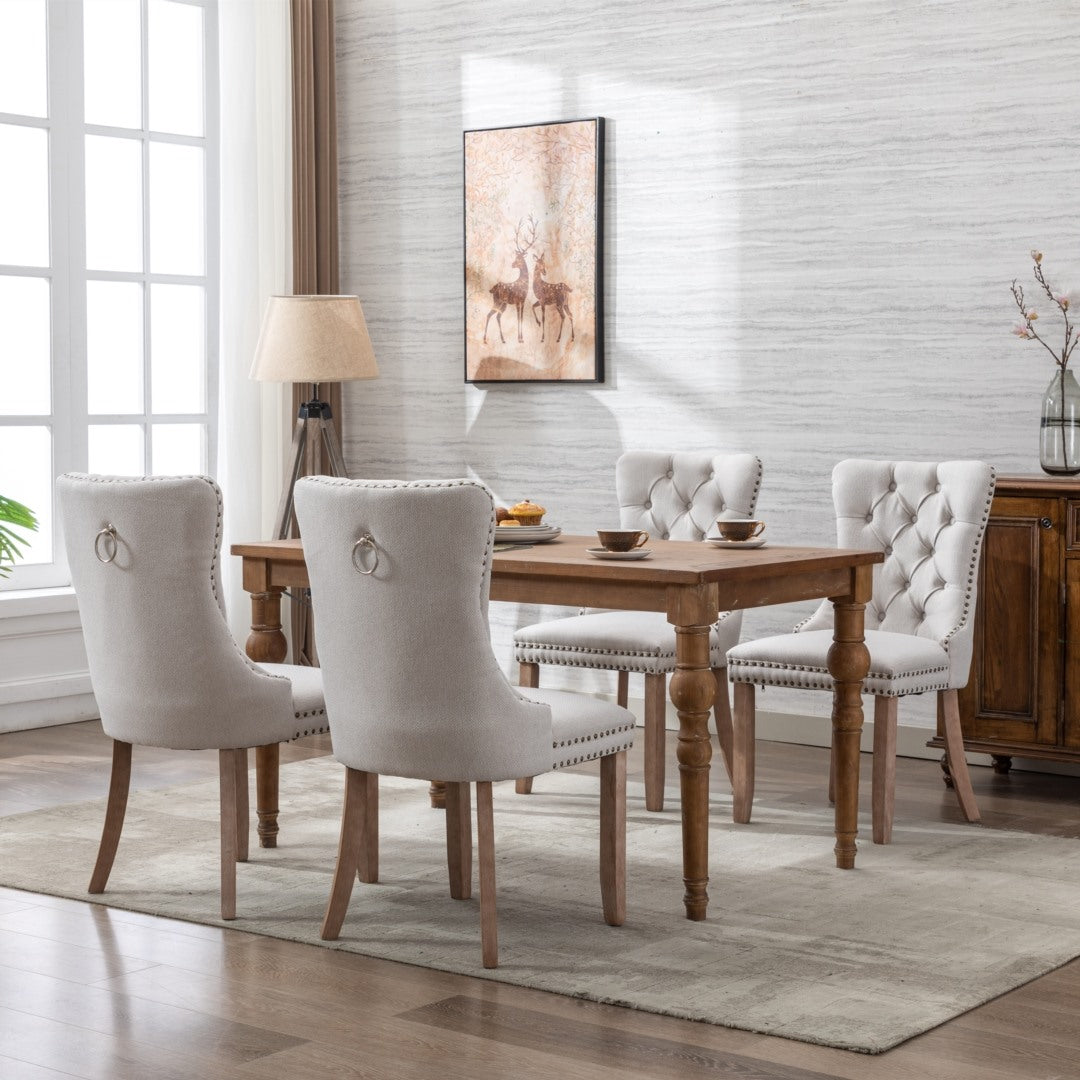 8x AADEN Modern Elegant Button-Tufted Upholstered Linen Fabric with Studs Trim and Wooden legs Dining Side Chair-Beige