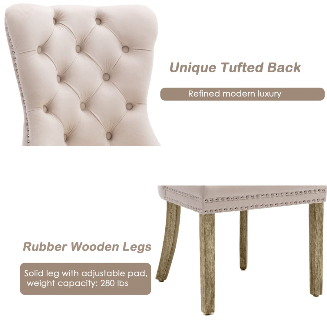 2x Velvet Dining Chairs Upholstered Tufted Kithcen Chair with Solid Wood Legs Stud Trim and Ring-Beige