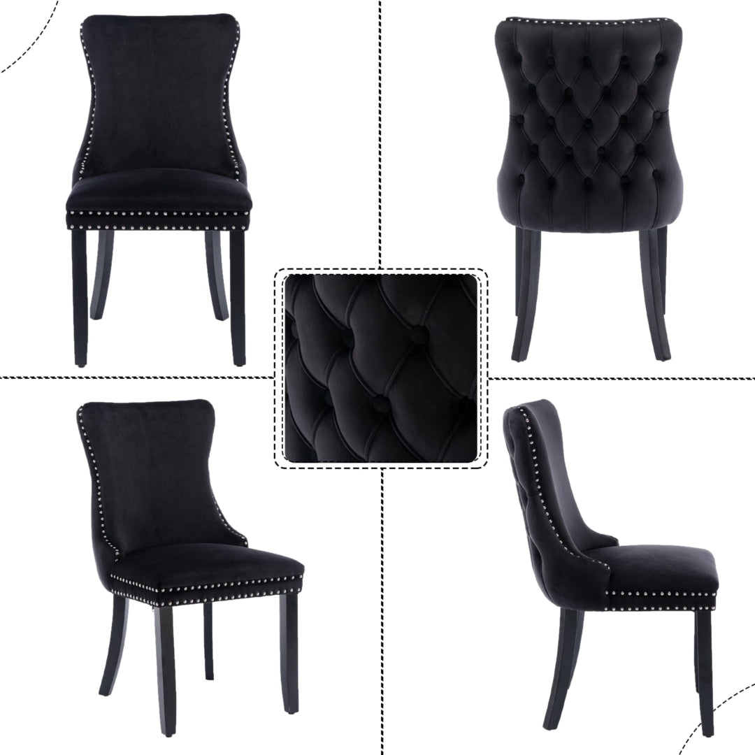 4x Velvet Upholstered Dining Chairs Tufted Wingback Side Chair with Studs Trim Solid Wood Legs for Kitchen