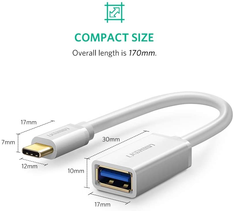 UGREEN USB-C Male To USB 3.0 A Female OTG Cable 15cm (White) 30702
