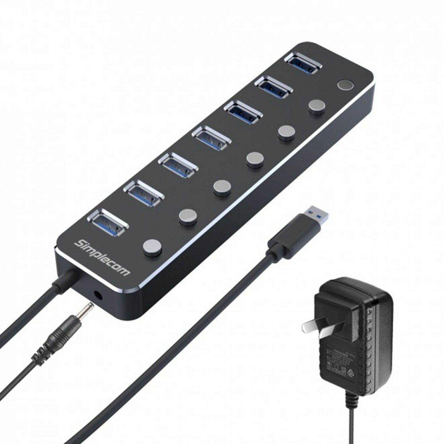 Simplecom CH375PS Aluminium 7 Port USB 3.0 Hub w/Individual Switches & Power Adapter