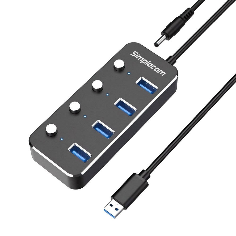Simplecom Aluminium 4-Port USB 3.0 Hub with Individual Switches and Power Adapter CH345PS