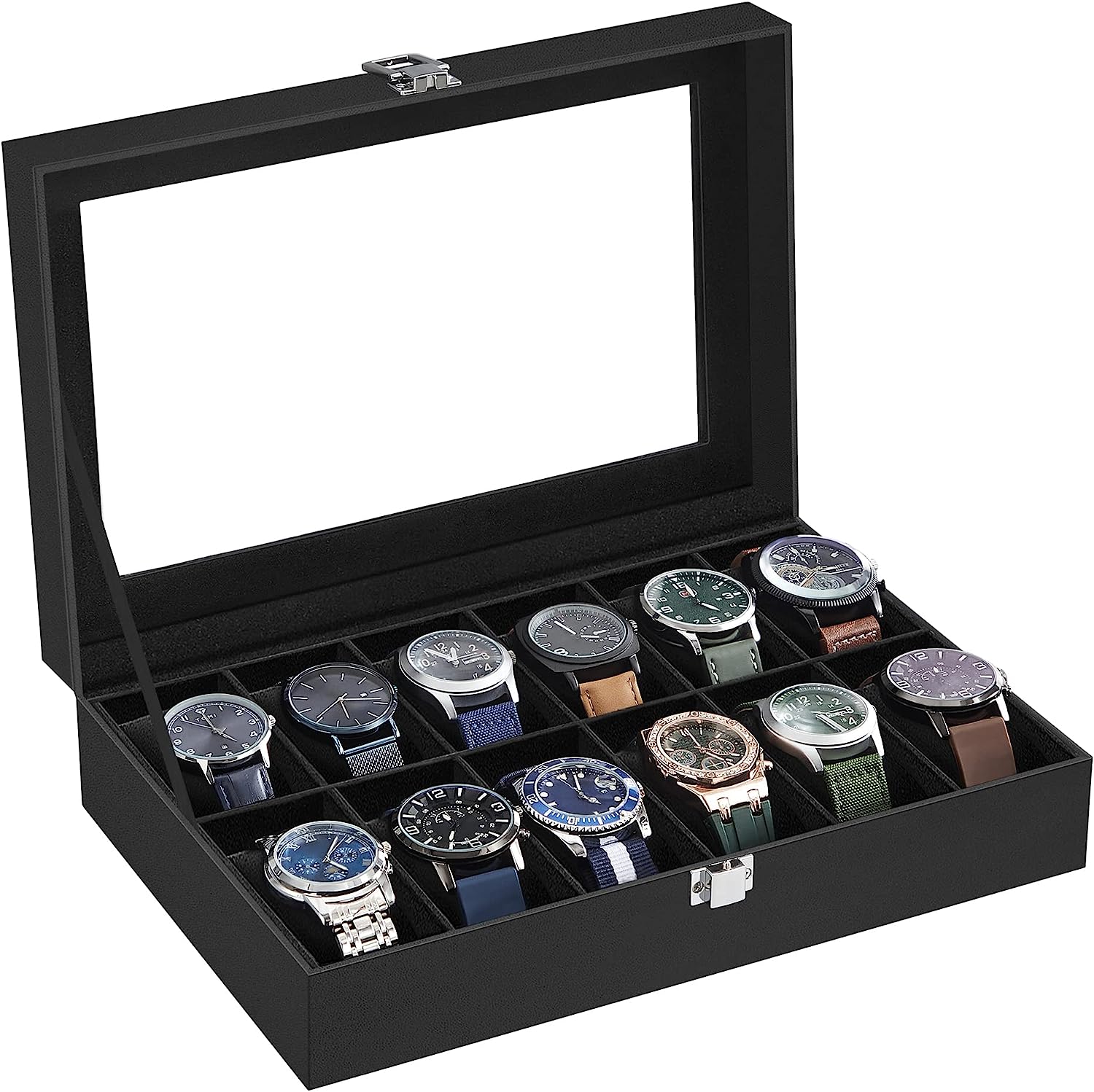 SONGMICS 12-Slot Watch Box with Large Glass Lid and Removable Watch Pillows Black Lining