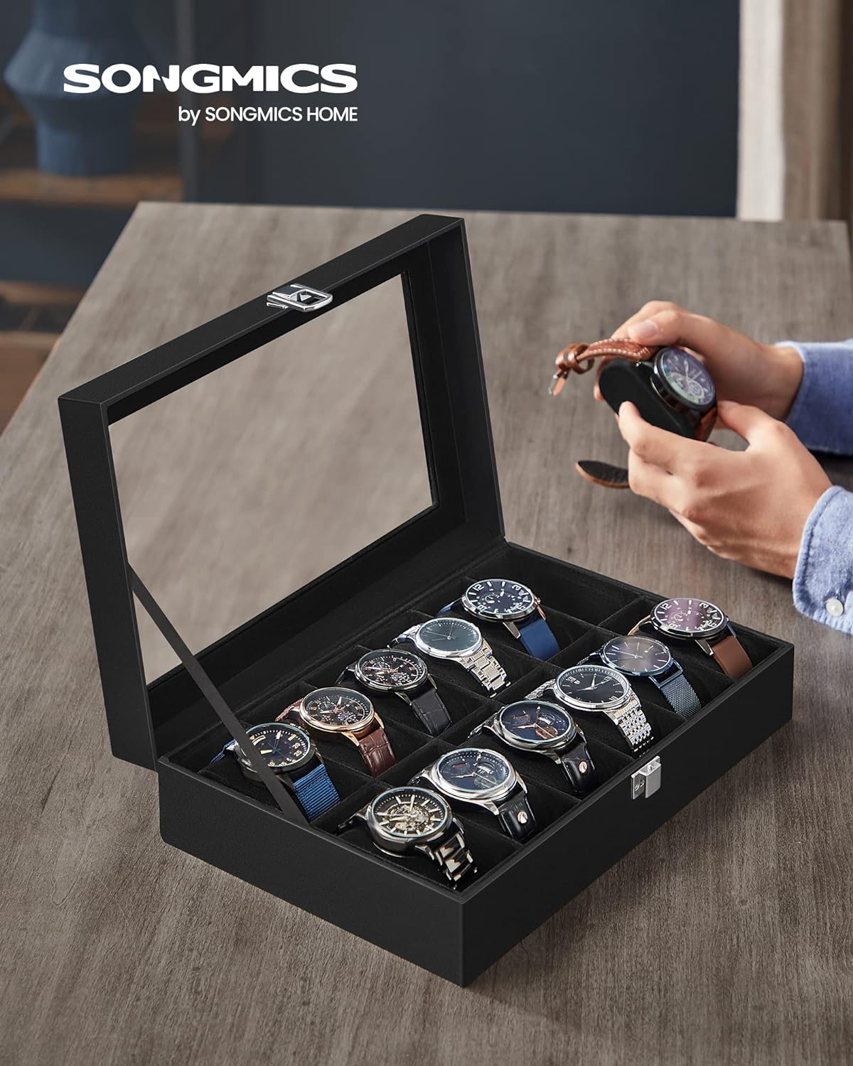 SONGMICS 12-Slot Watch Box with Large Glass Lid and Removable Watch Pillows Black Lining