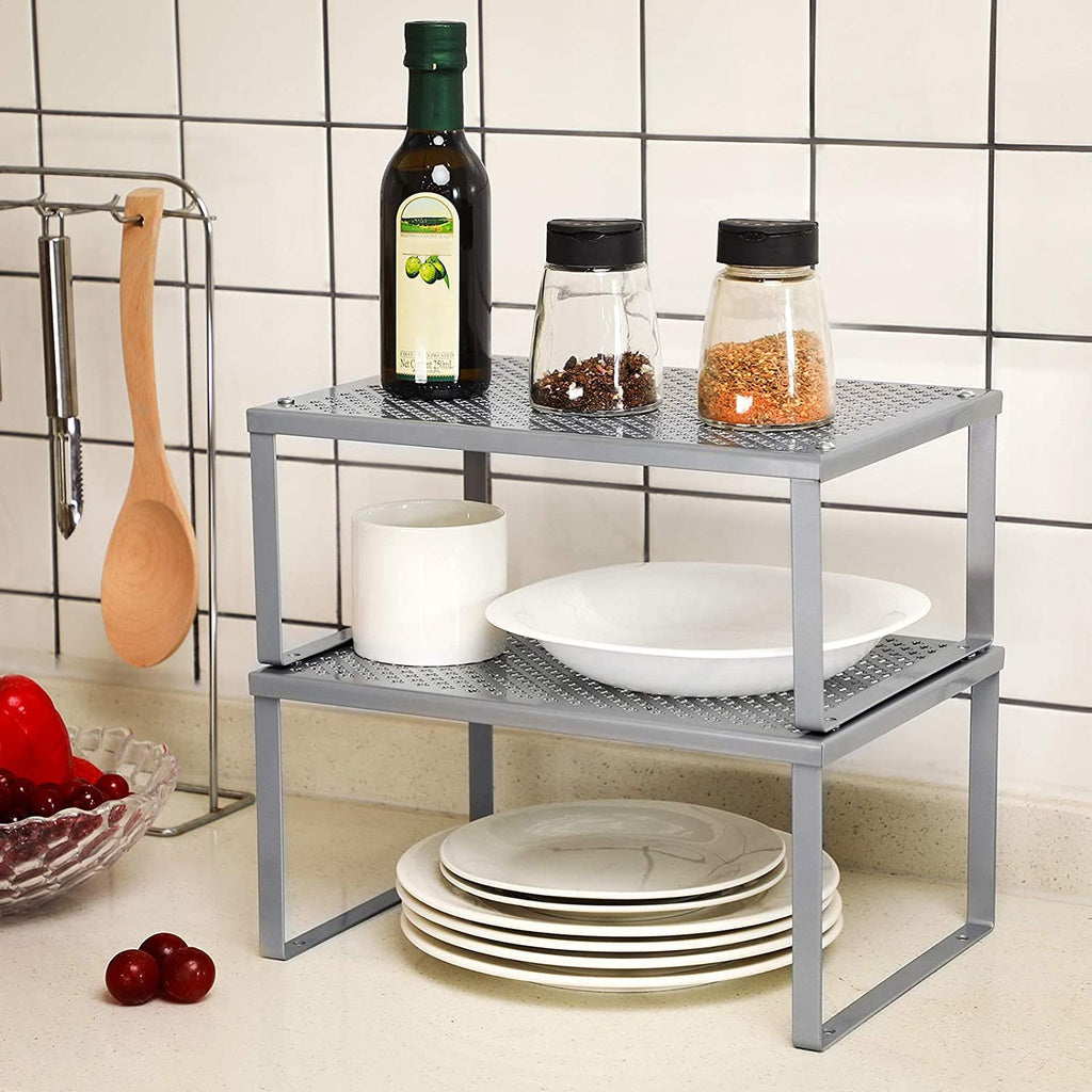 SONGMICS Cabinet Shelf Organizers Set of 2 Metal Kitchen Counter Shelves Silver KCS01SV