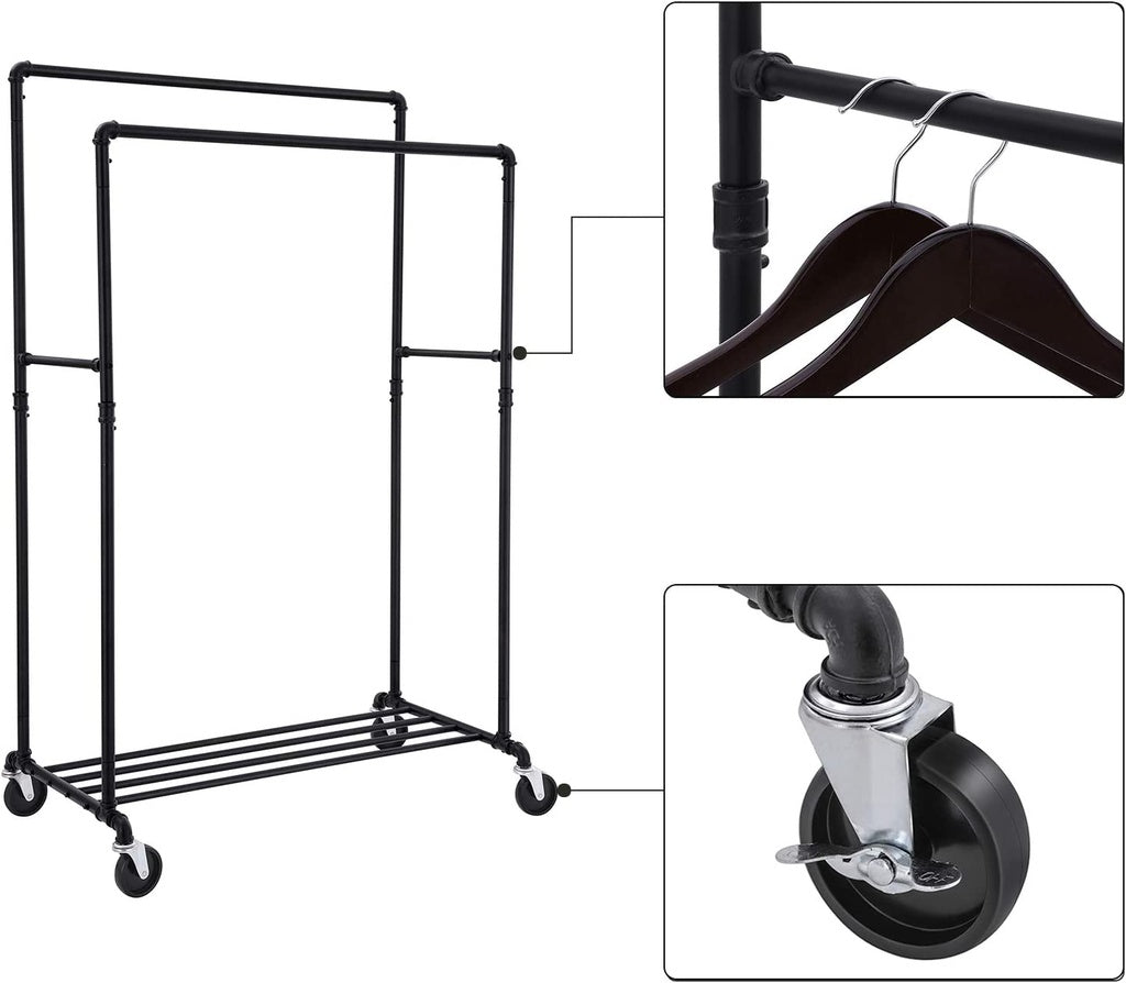 SONGMICS Industrial Pipe Clothes Rack on Wheels with Hanging Rack Organizer Black HSR60B