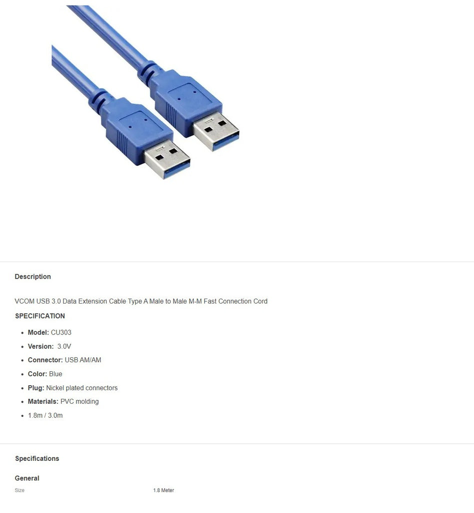 VCOM USB 3.0V AM/AM Extension Cable (Blue) - 1.8m - CU303-1.8
