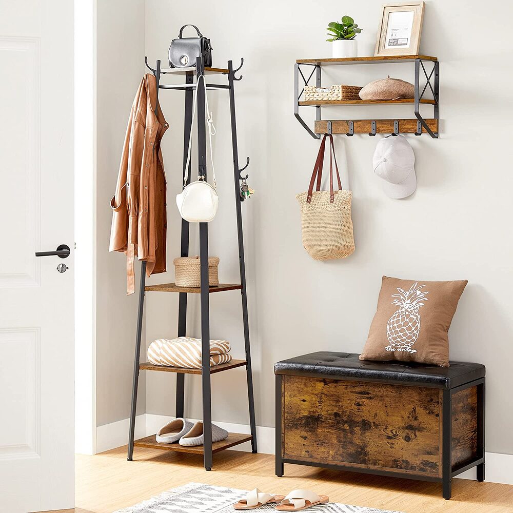 VASAGLE Coat Rack Stand with 3 Shelves Rustic Brown and Black LCR80X