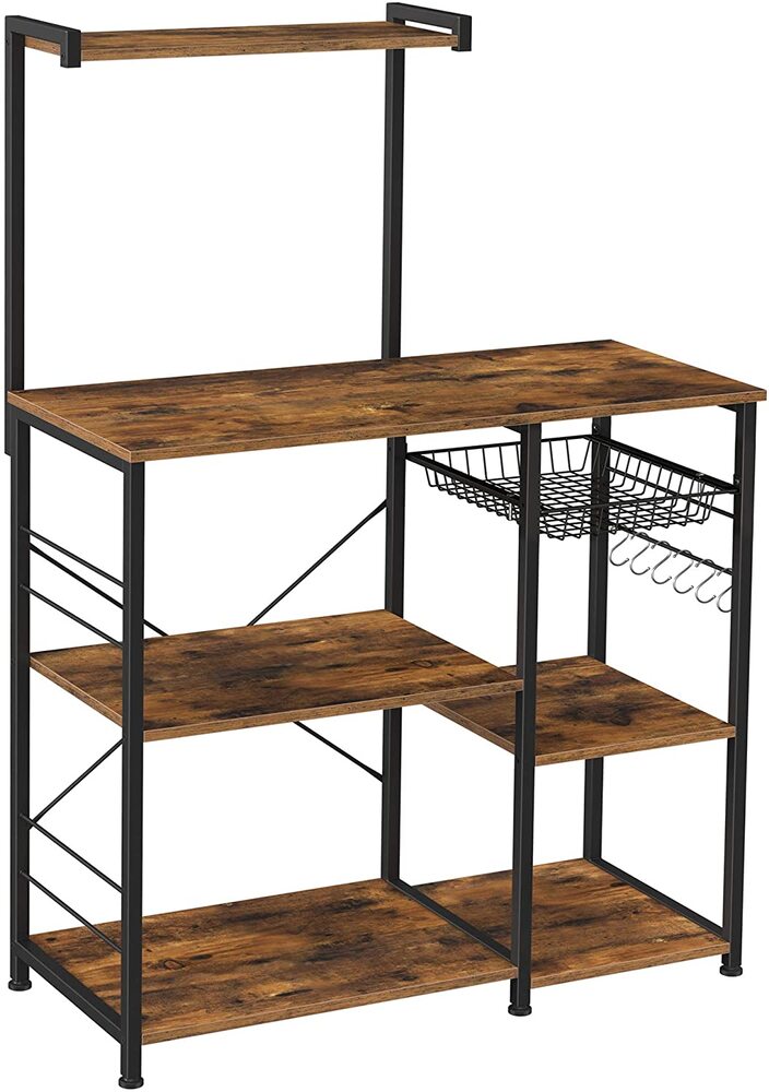 VASAGLE Baker's Rack with Shelves Microwave Stand with Wire Basket 6 S-Hooks Rustic Brown KKS35X
