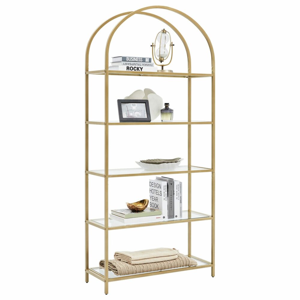 VASAGLE Bookshelf 5 Tier Tempered Glass with Gold Metal Frame LGT050A01