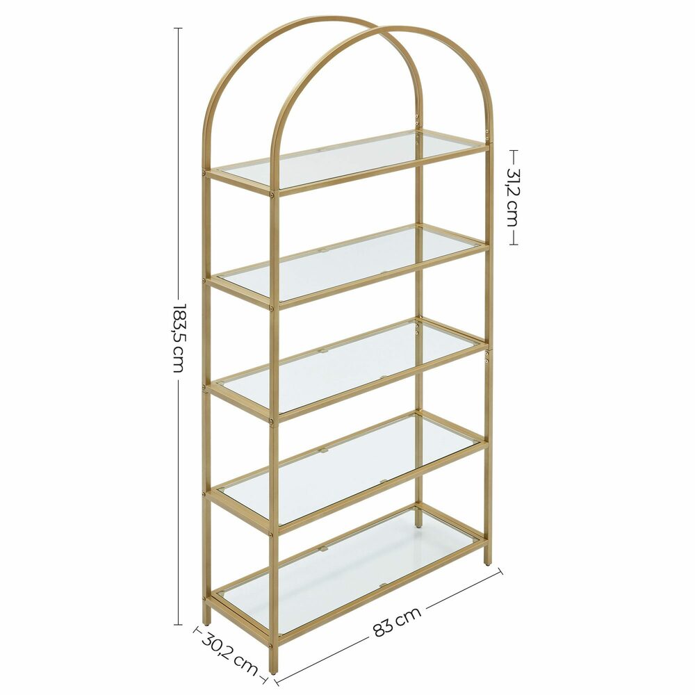 VASAGLE Bookshelf 5 Tier Tempered Glass with Gold Metal Frame LGT050A01